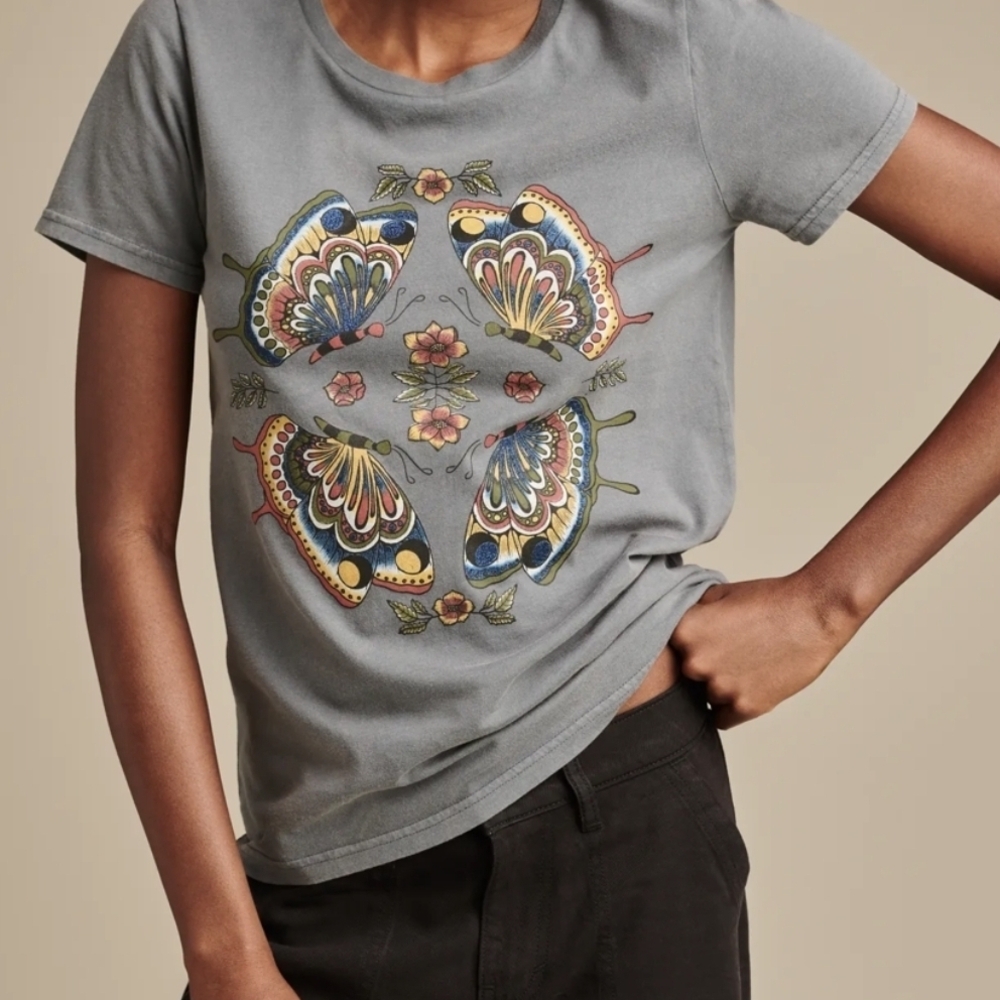 Lucky Brand Gray Tee with Colorful Butterfly Design